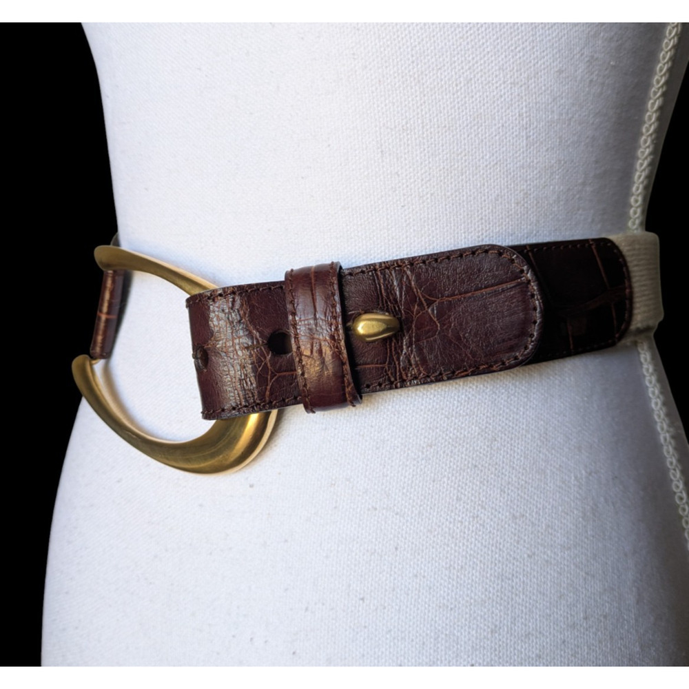 Vintage Donna Karan Geniune Alligator Brown Canvas Waist Belt Petite Small Italy - Picture 5 of 13